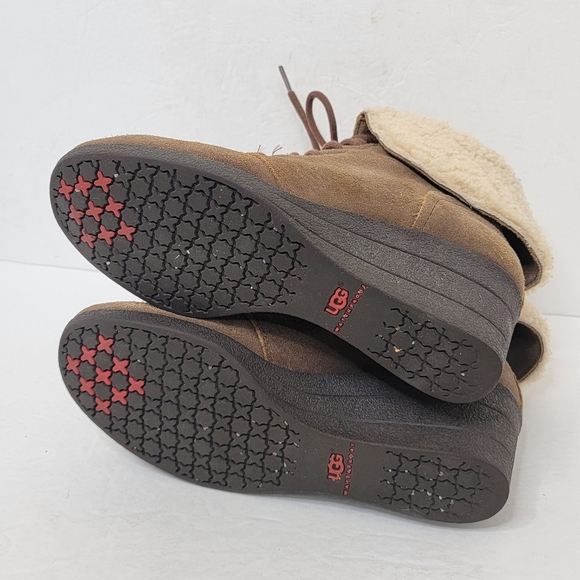 UGG Zea Brown Leather Shearling Lined Lace Up Wedge Combat Cuff Boots 7 1003360 - Picture 9 of 12